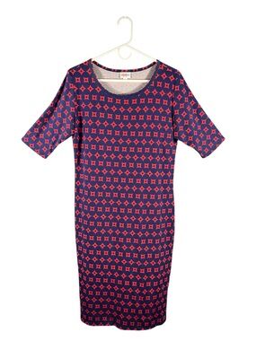 LuLaRoe Julia Dress Navy Blue & Red Geometric Print Pencil Dress Women’s Size L